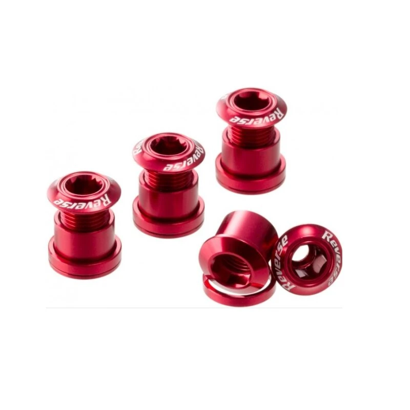 Reverse, Kettenblattschrauben SET, Aluminium, 4 Schrauben, 4 Muttern, 4 Unterlagscheiben 2mm, Rot 1 Reverse, Kettenblattschrauben SET, Aluminium, 4 Schrauben, 4 Muttern, 4 Unterlagscheiben 2mm, Rot